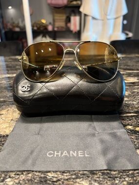 CHANEL Gold Frame Sunglasses with Brown Lenses